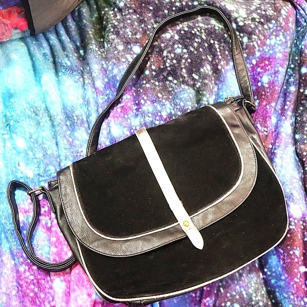 BLACK VELVET SHOULDER BAG Crazy Lou Silver Large Vegan Leather Purse Crossbody